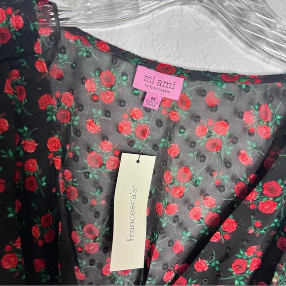 Francesca’s Top Women Medium Blouse Roses Flare Bell Sleeve Floral Sheer O - Picture 2 of 10